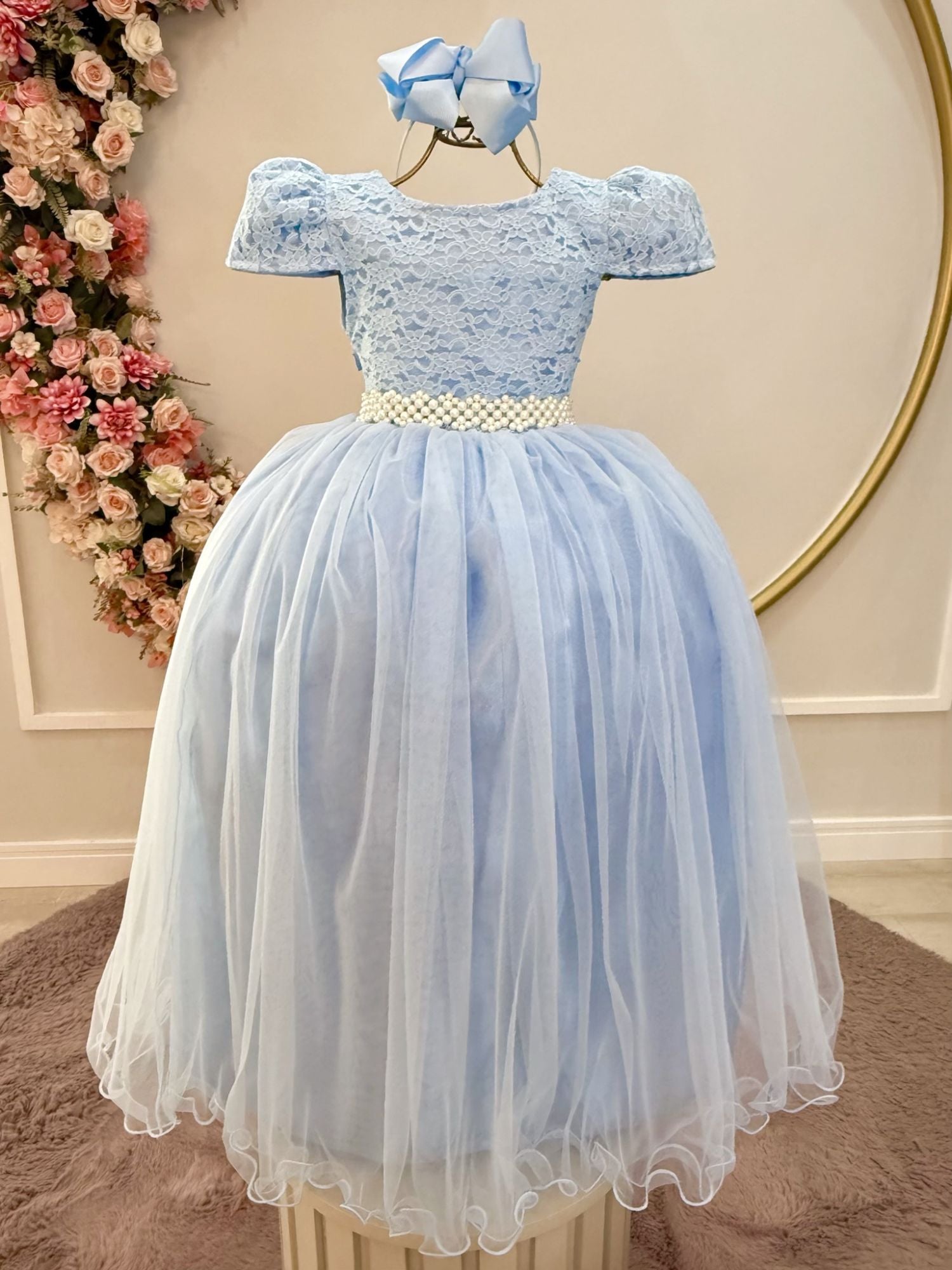 Vestido Longo Infantil Azul com Renda para Festas Luxuosas