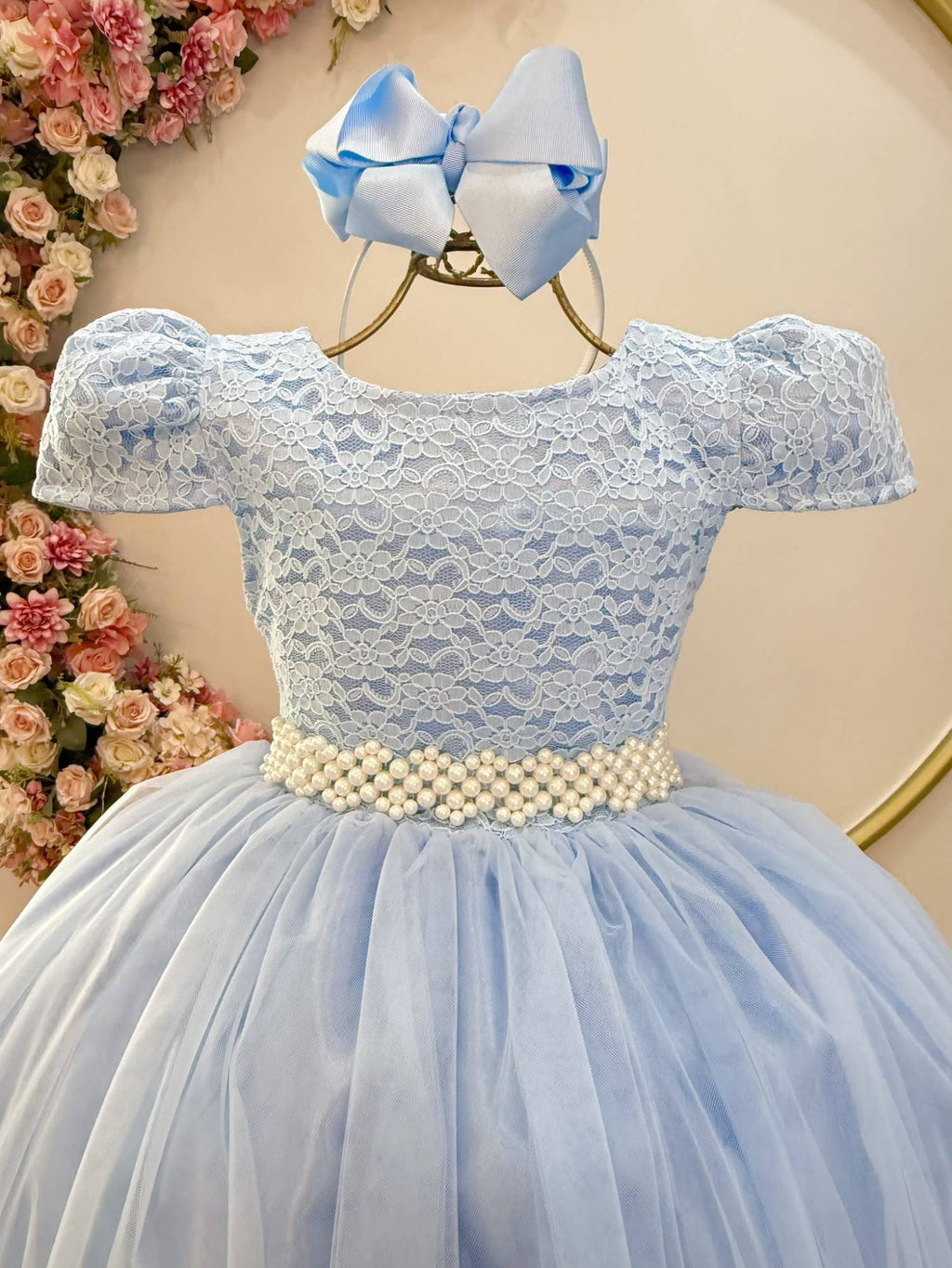 Vestido Longo Infantil Azul com Renda para Festas Luxuosas