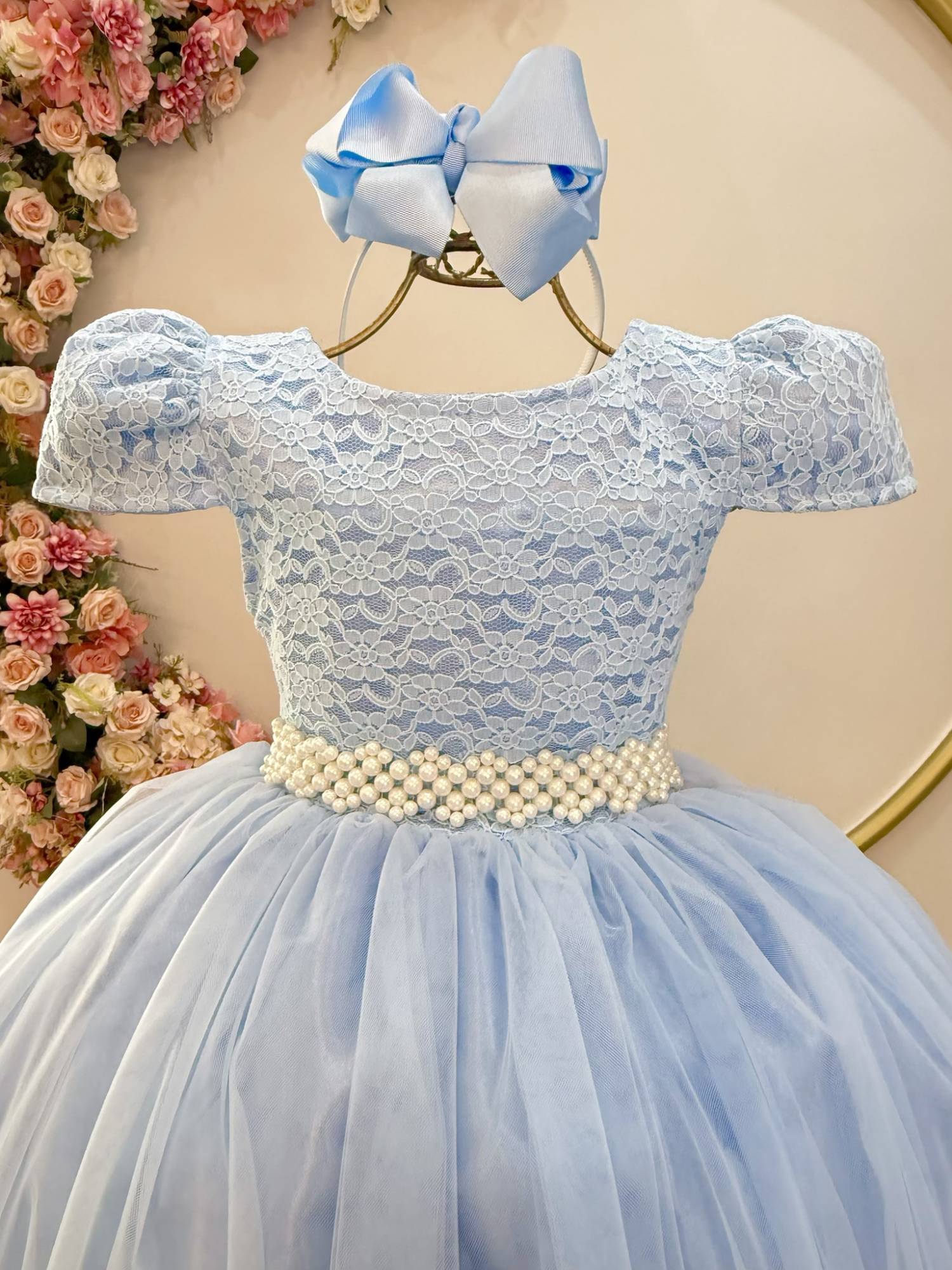 Vestido Longo Infantil Azul com Renda para Festas Luxuosas