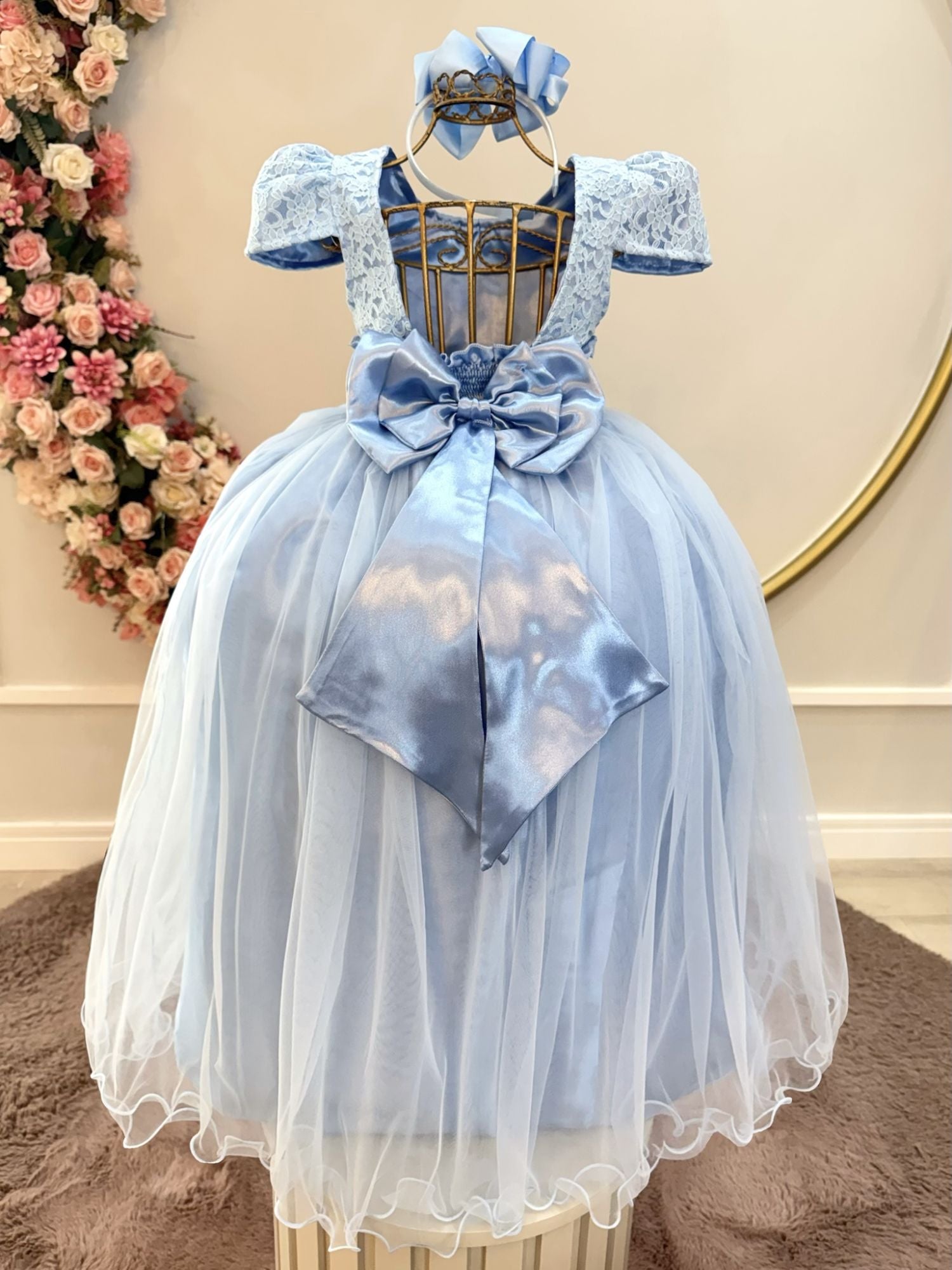 Vestido Longo Infantil Azul com Renda para Festas Luxuosas