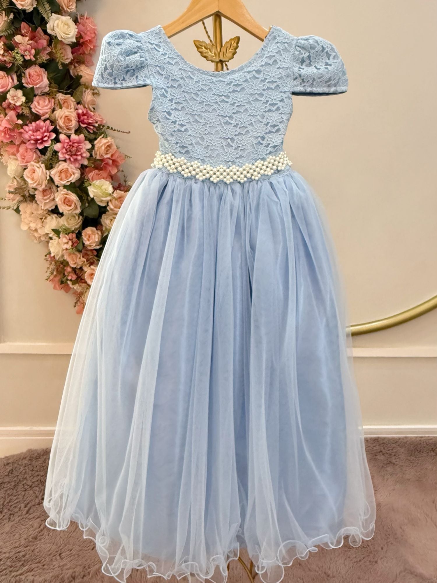 Vestido Longo Infantil Azul com Renda para Festas Luxuosas