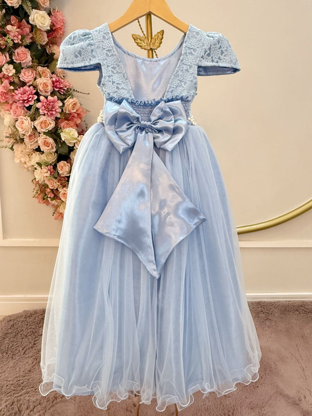 Vestido Longo Infantil Azul com Renda para Festas Luxuosas