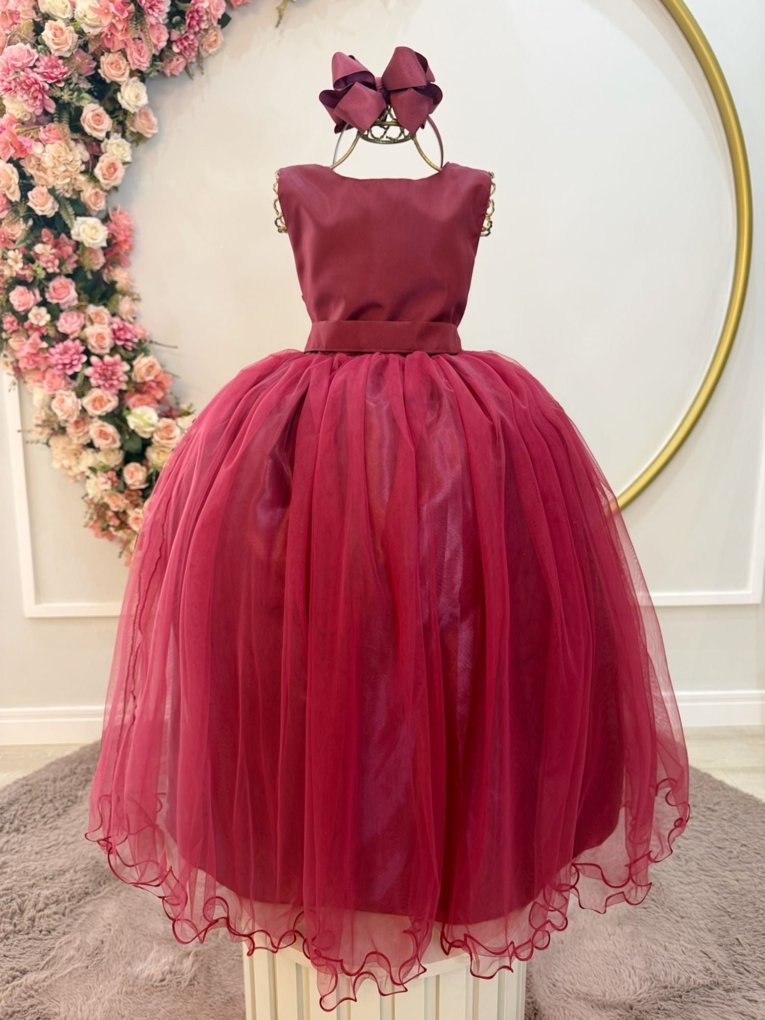 Vestido Infantil Longo Marsala Luxuoso para Daminhas de Casamento