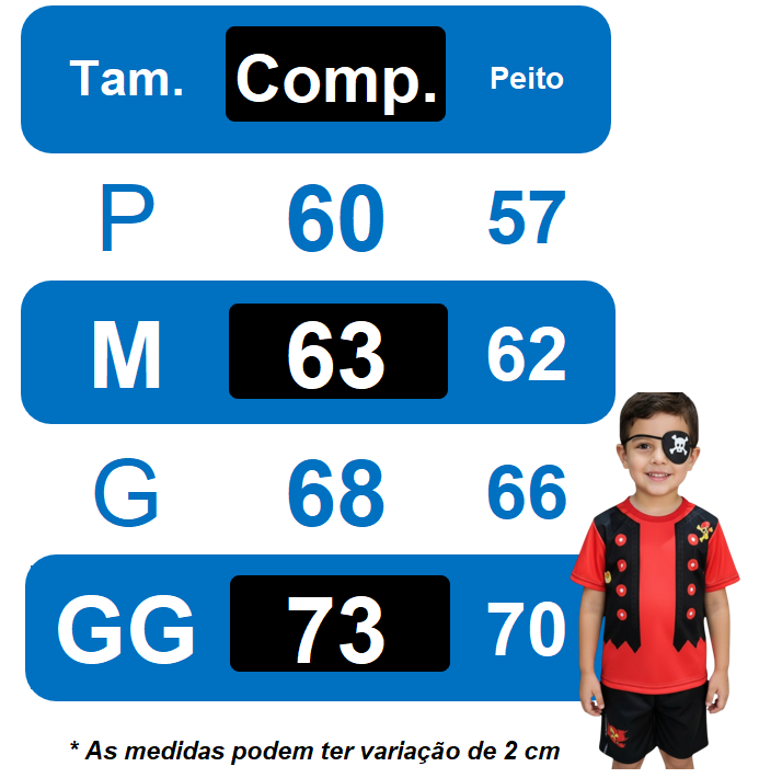 Fantasia Infantil de Pirata com Tapa Olho em Helanca e Poliéster