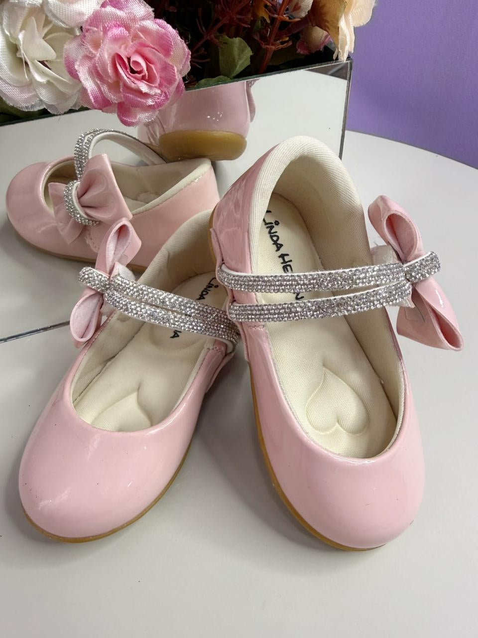 Sapatinho Infantil Rosa Claro Verniz com Lacinho e Strass