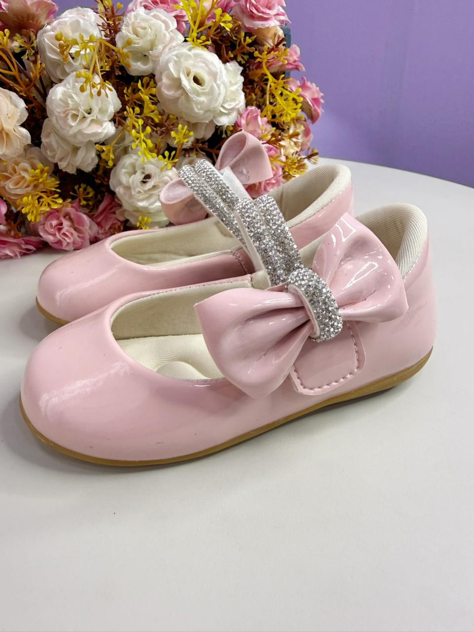 Sapatinho Infantil Rosa Claro Verniz com Lacinho e Strass