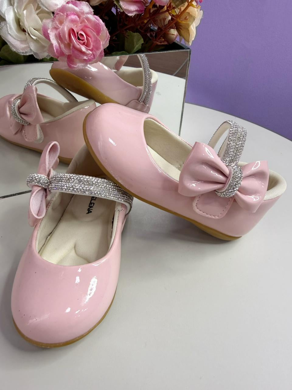 Sapatinho Infantil Rosa Claro Verniz com Lacinho e Strass