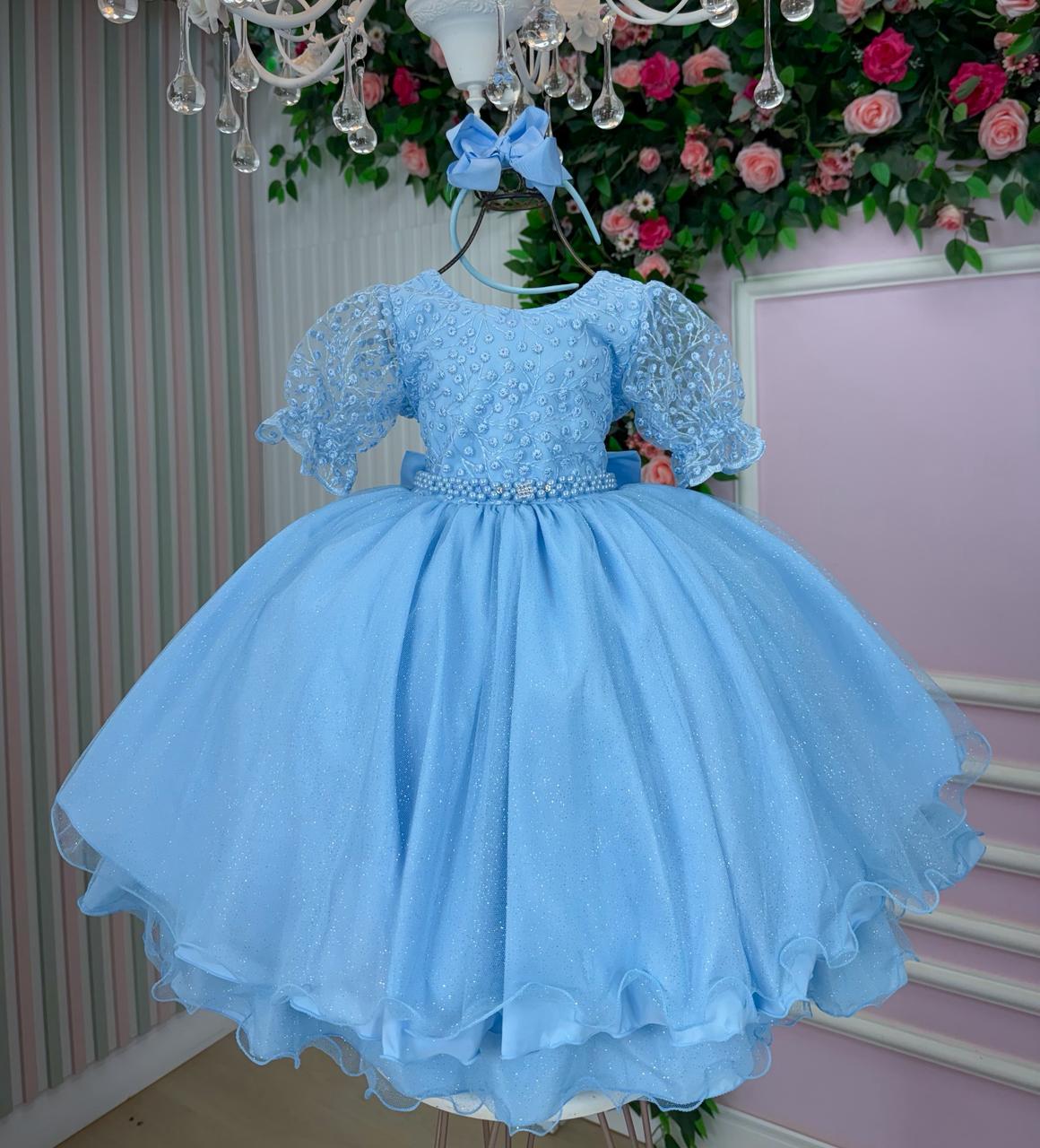 Vestido Infantil Azul Bebê com Laço e Tecido Misto