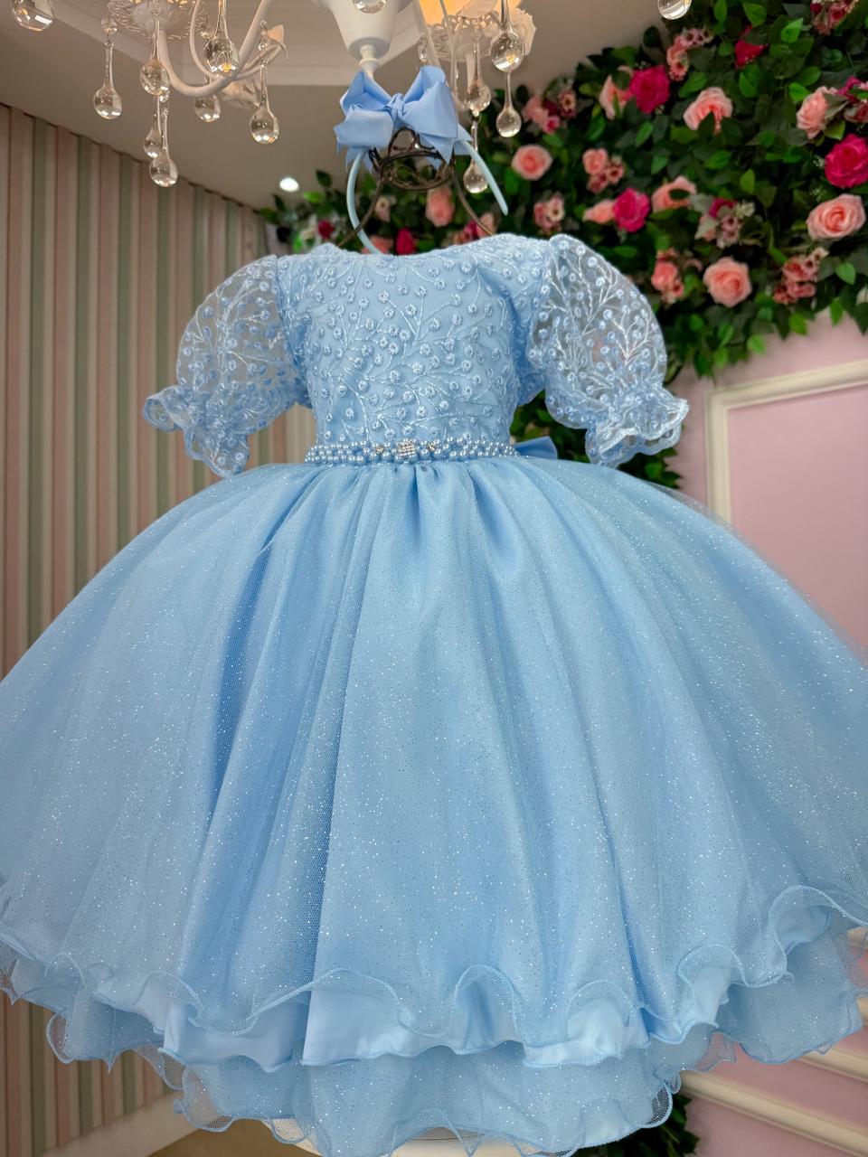 Vestido Infantil Azul Bebê com Laço e Tecido Misto