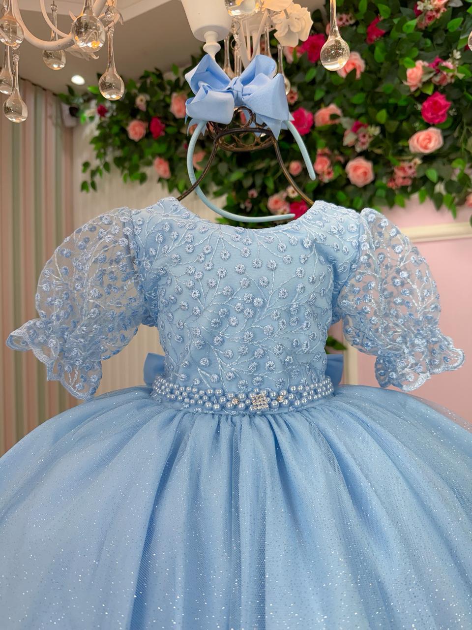 Vestido Infantil Azul Bebê com Laço e Tecido Misto