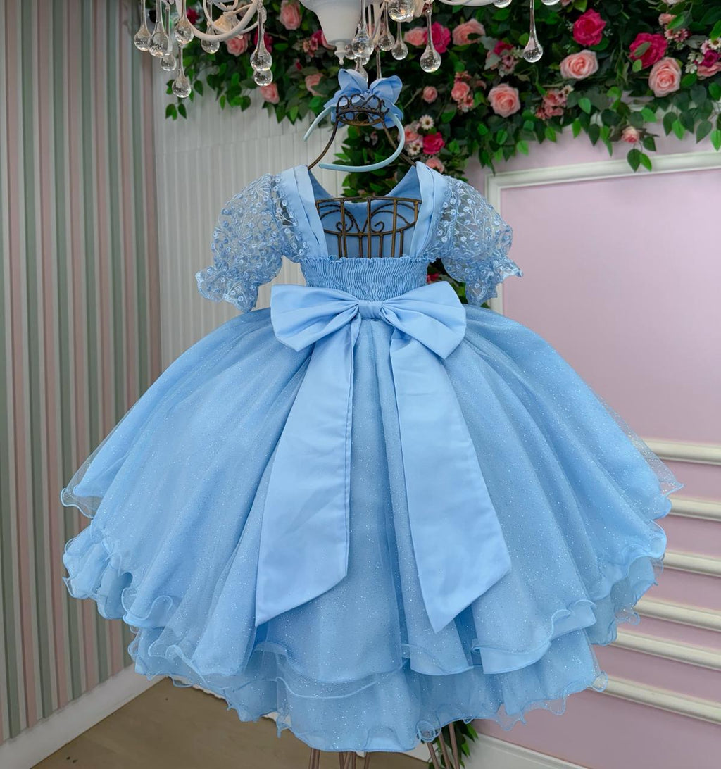 Vestido Infantil Azul Bebê com Laço e Tecido Misto