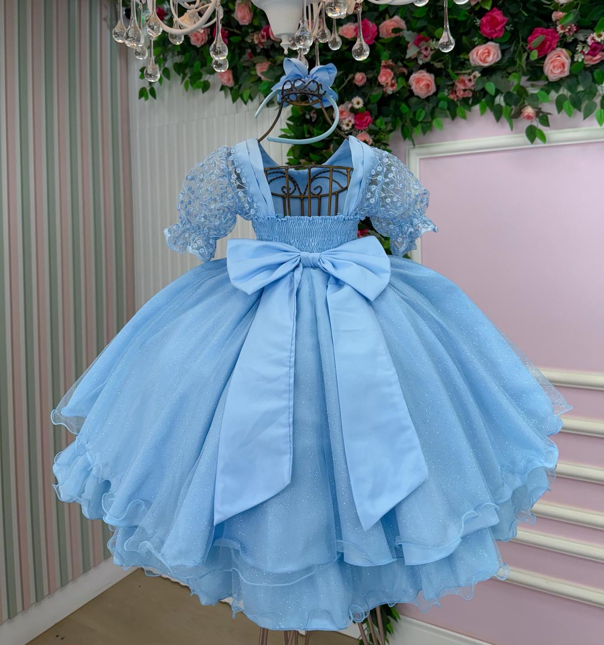 Vestido Infantil Azul Bebê com Laço e Tecido Misto