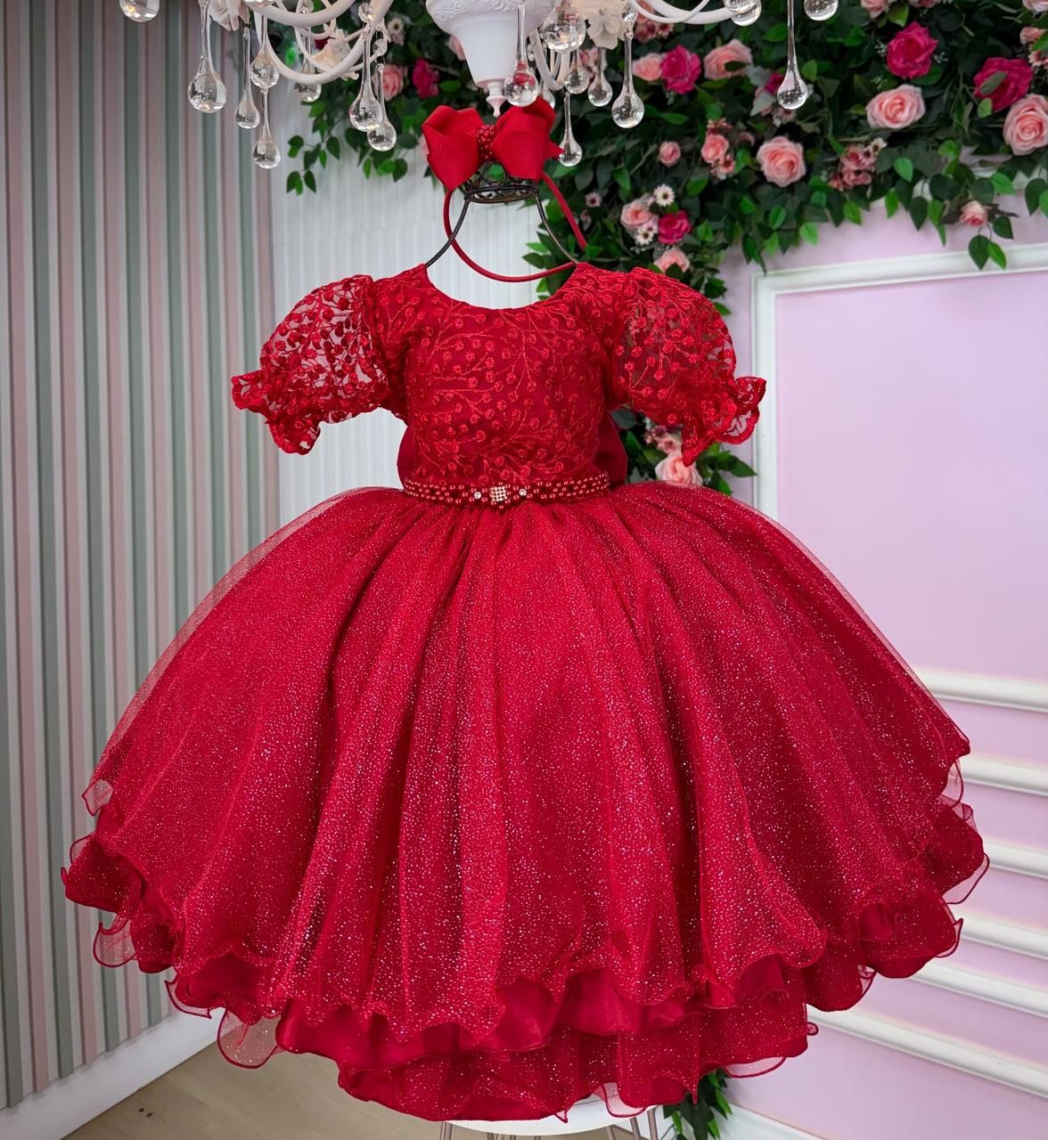 Vestido Infantil Vermelho em Tecido Misto com Gola Redonda e Laço