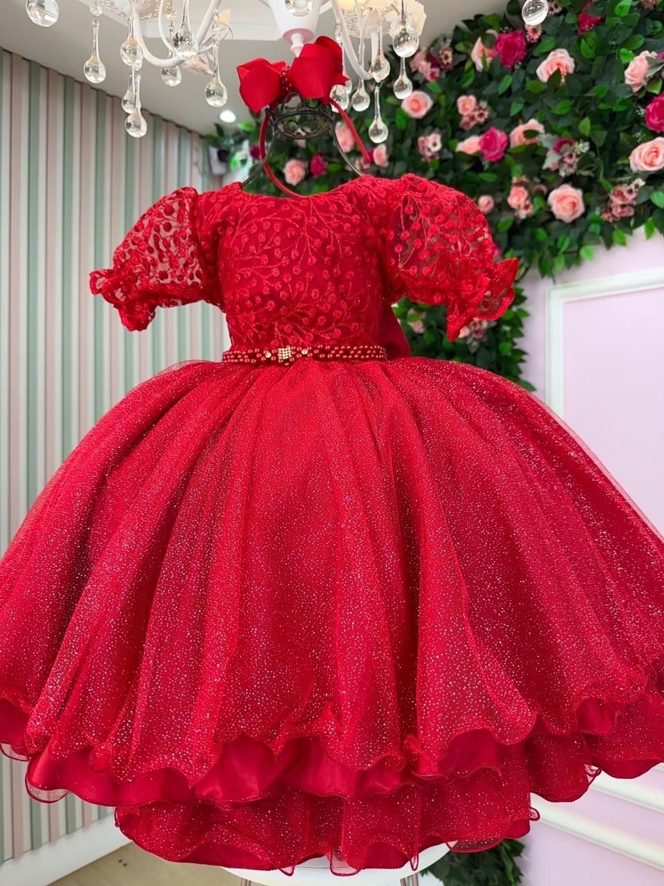 Vestido Infantil Vermelho em Tecido Misto com Gola Redonda e Laço