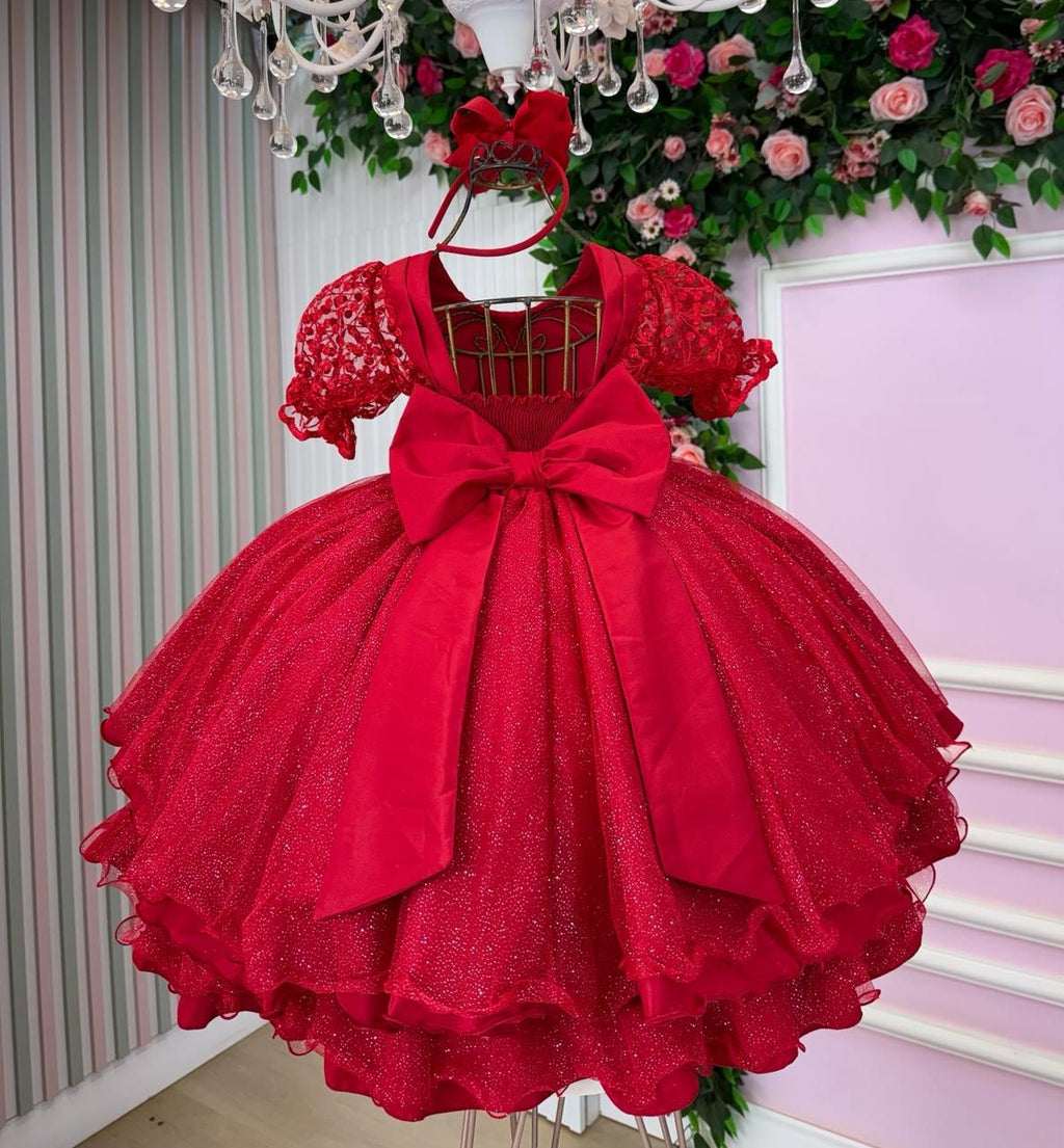 Vestido Infantil Vermelho em Tecido Misto com Gola Redonda e Laço