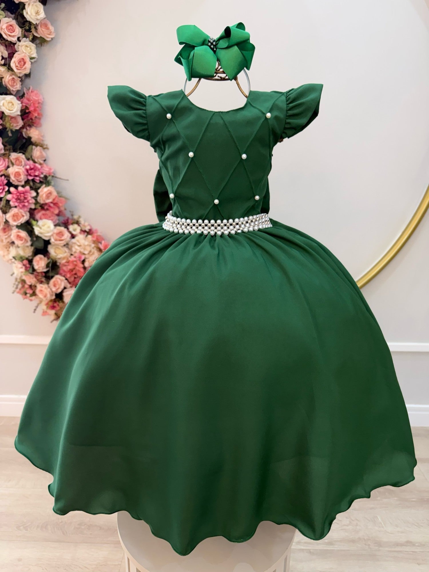 Vestido Infantil Luxuoso Verde Esmeralda com Busto Nervura para Festas