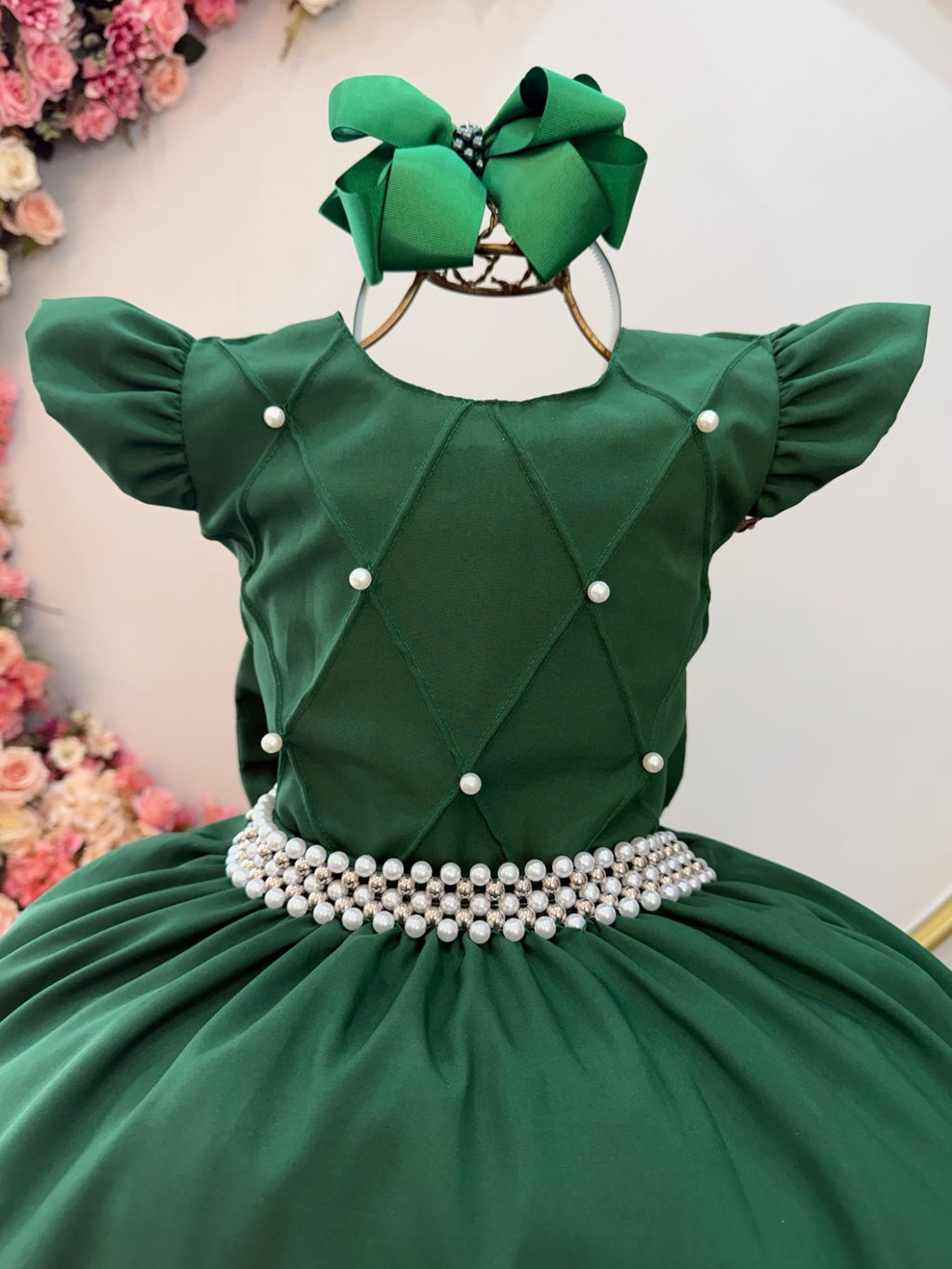 Vestido Infantil Luxuoso Verde Esmeralda com Busto Nervura para Festas