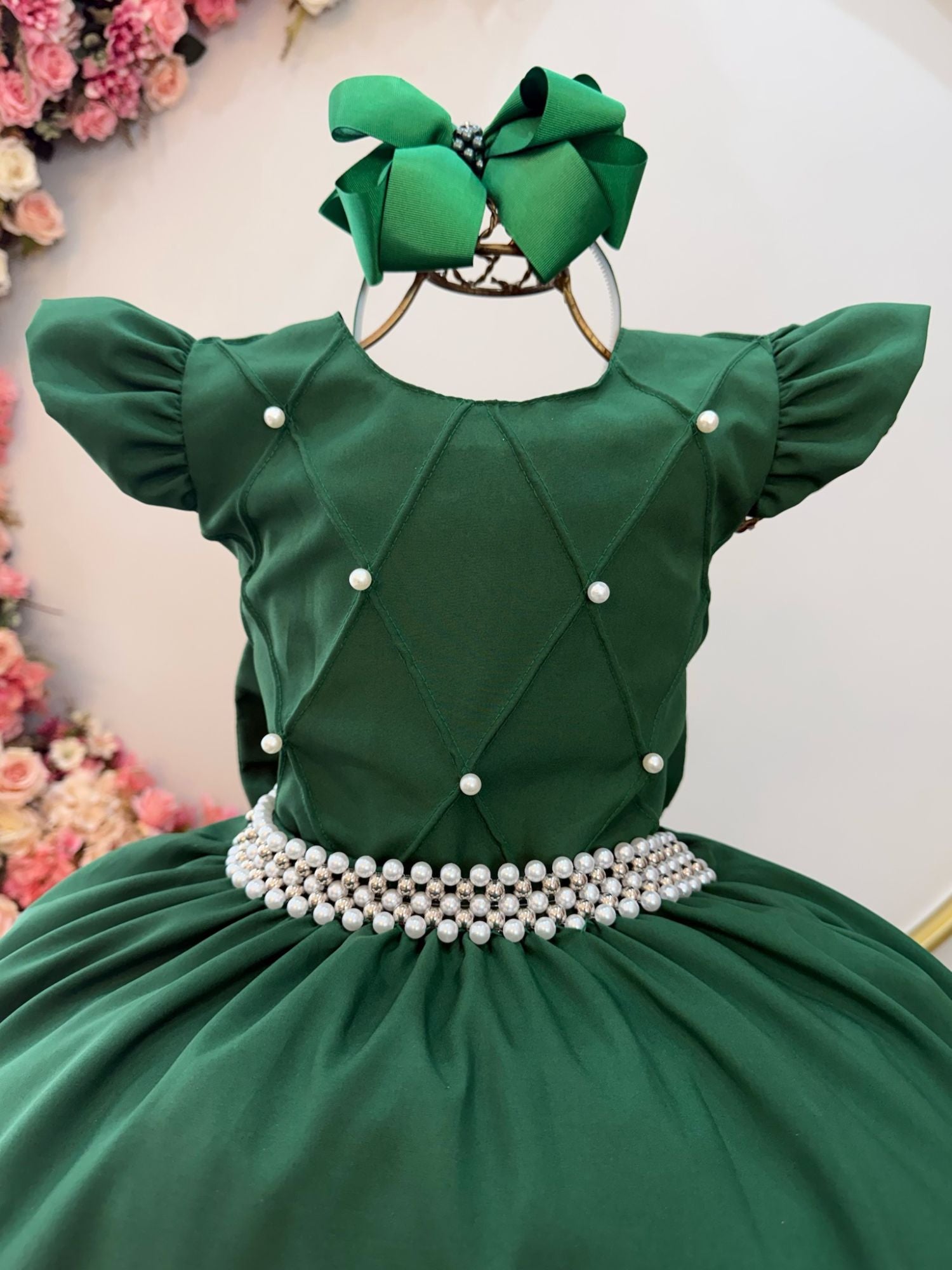 Vestido Infantil Luxuoso Verde Esmeralda com Busto Nervura para Festas