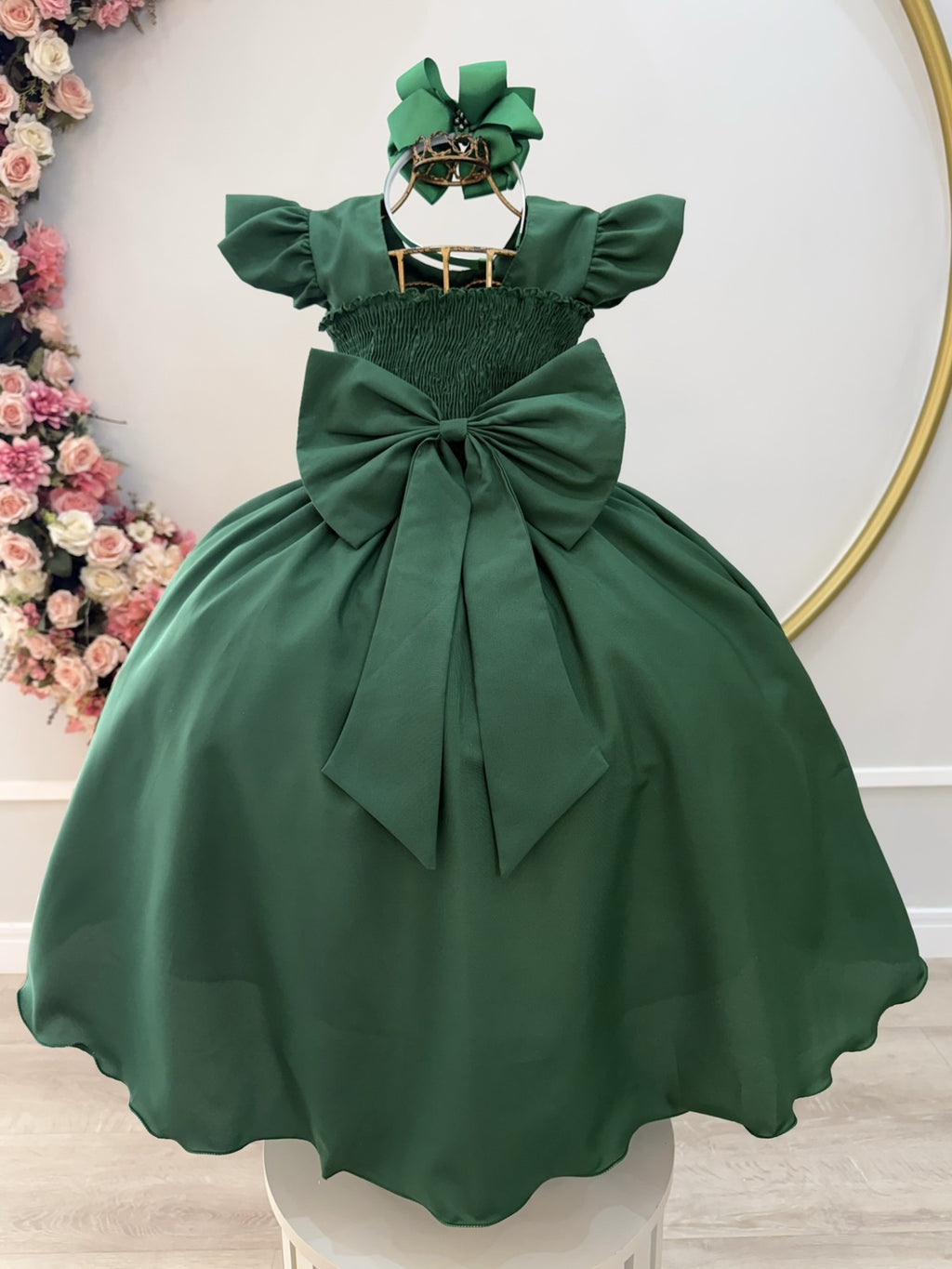 Vestido Infantil Luxuoso Verde Esmeralda com Busto Nervura para Festas