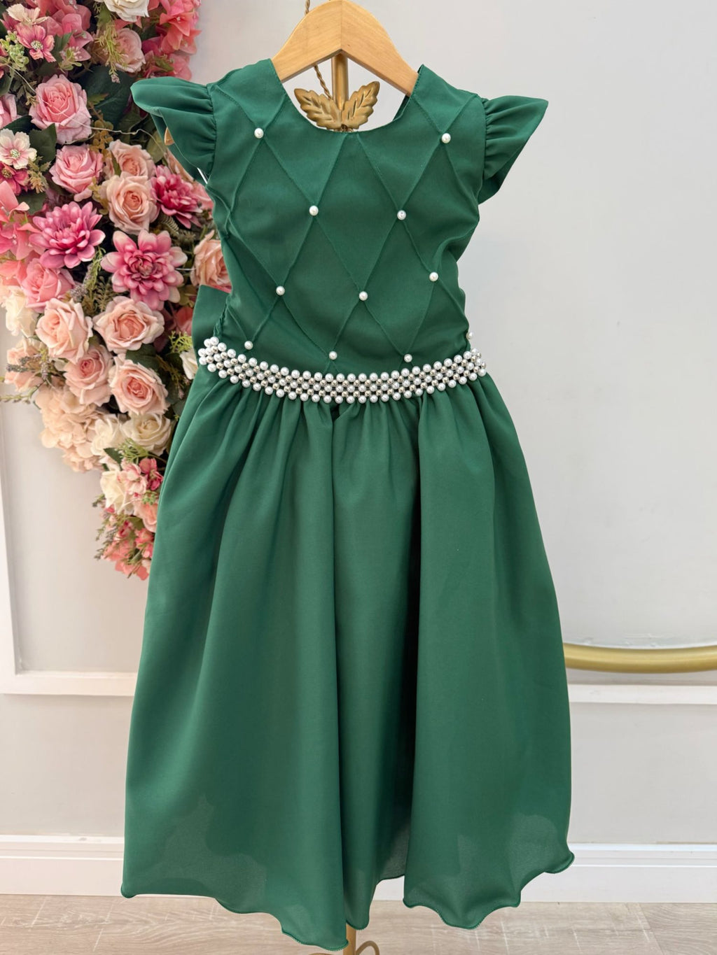 Vestido Infantil Luxuoso Verde Esmeralda com Busto Nervura para Festas