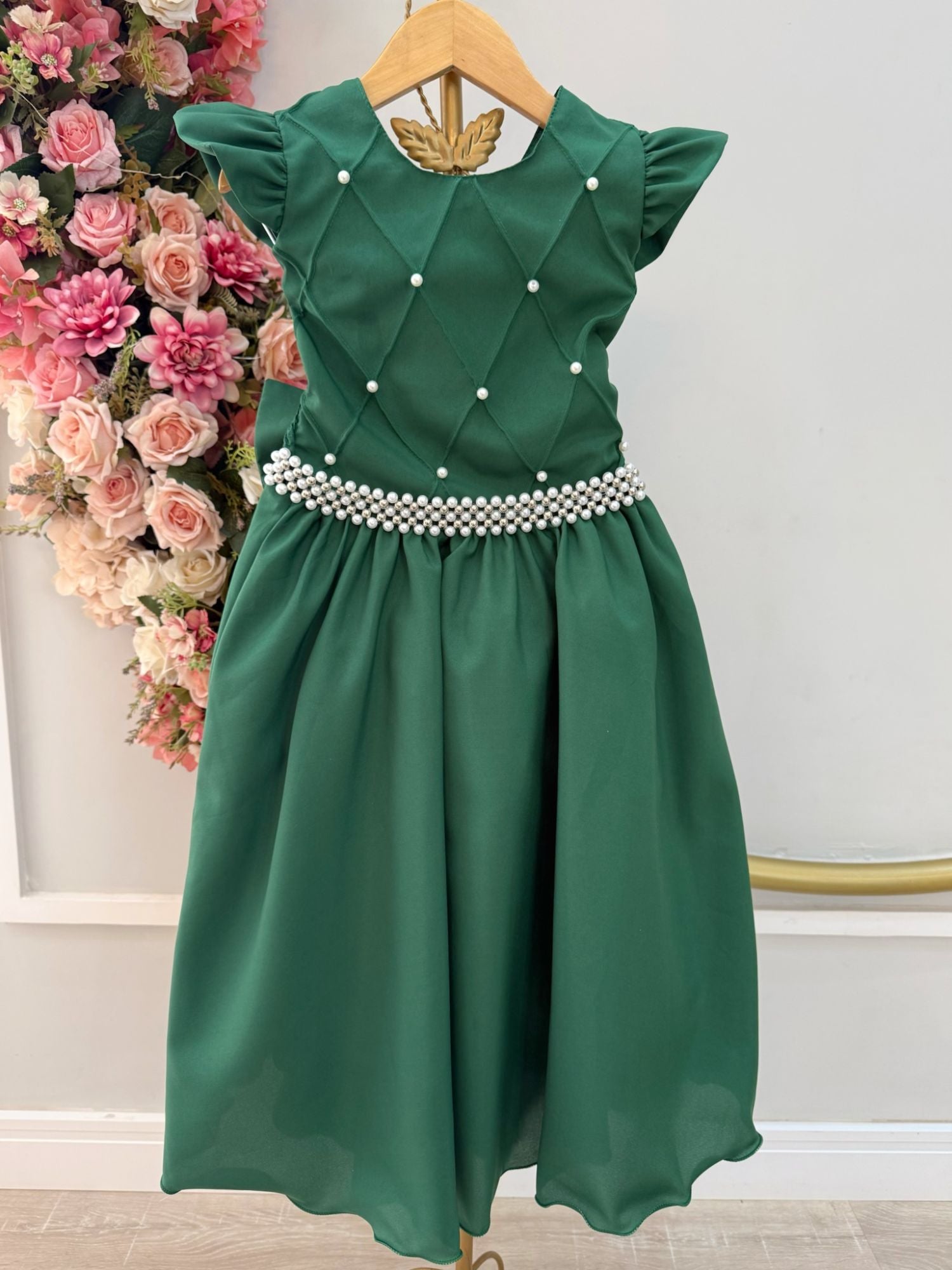 Vestido Infantil Luxuoso Verde Esmeralda com Busto Nervura para Festas