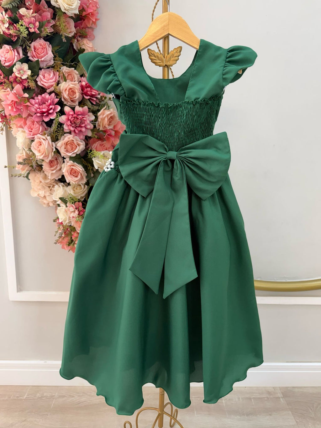 Vestido Infantil Luxuoso Verde Esmeralda com Busto Nervura para Festas