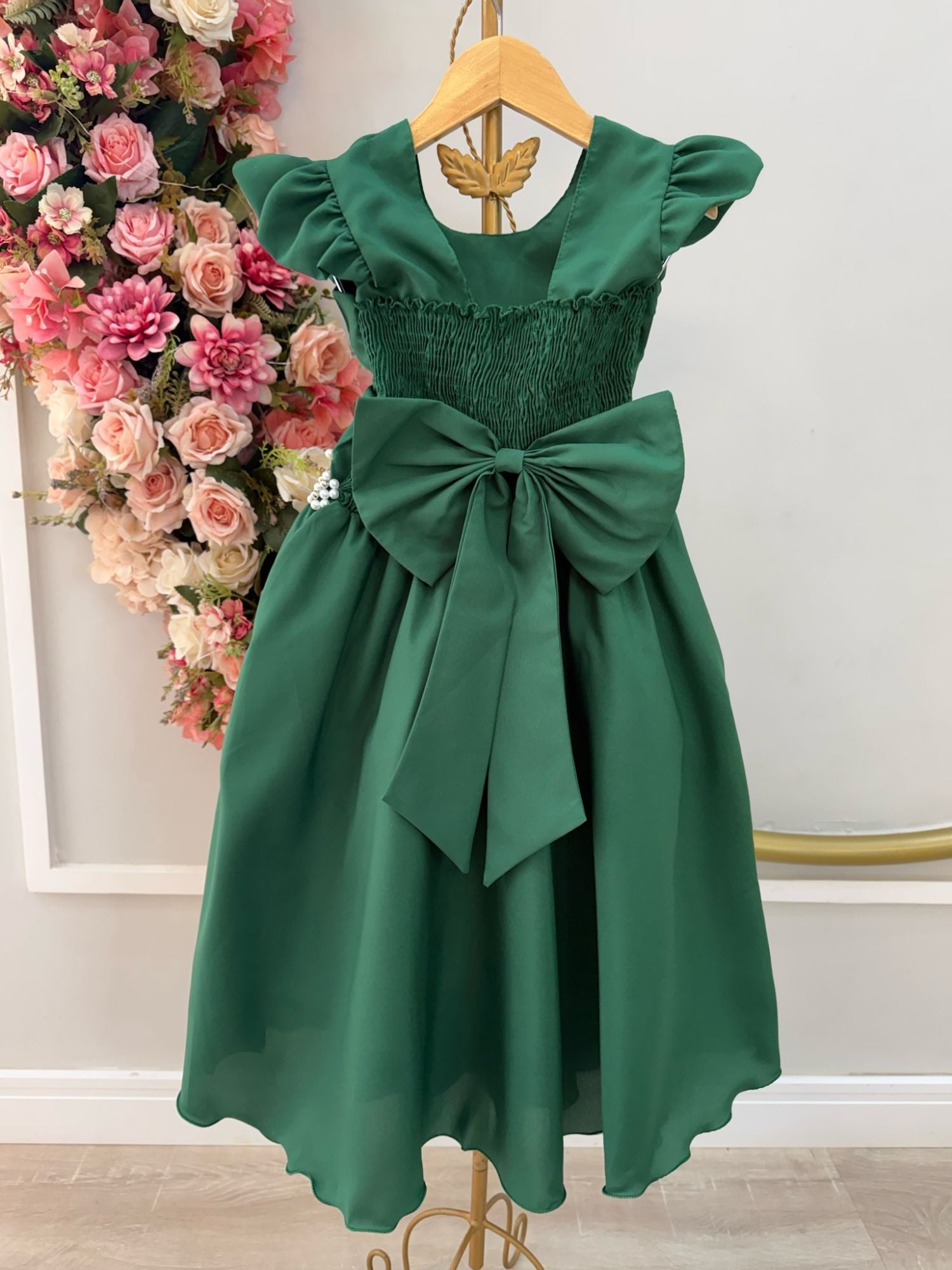 Vestido Infantil Luxuoso Verde Esmeralda com Busto Nervura para Festas