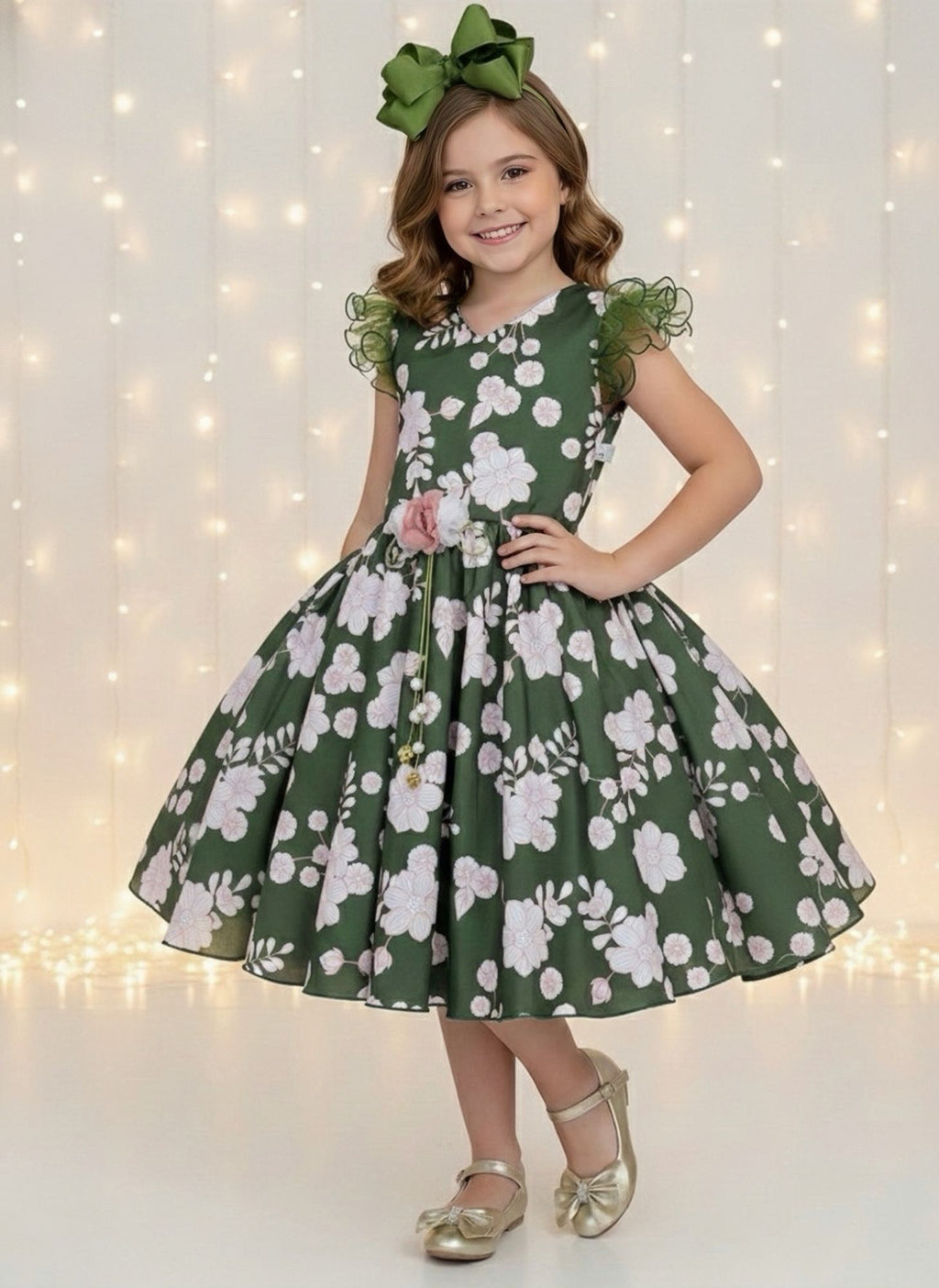 Vestido Infantil Verde Floral Luxuoso com Broche para Festas e Casamentos