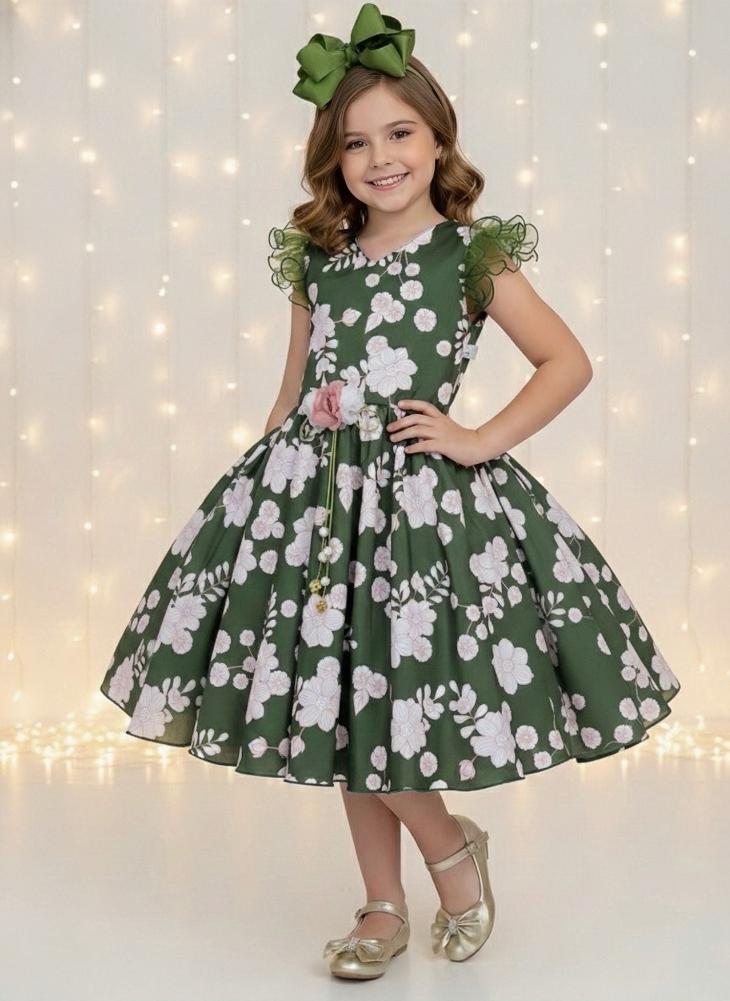 Vestido Infantil Verde Floral Luxuoso com Broche para Festas e Casamentos