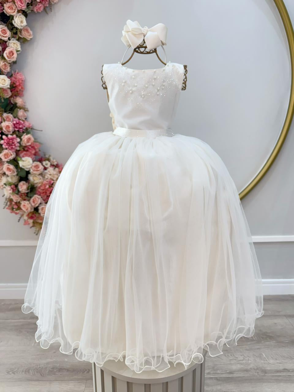 Vestido Longo Infantil Marfim para Daminhas de Festas Luxo