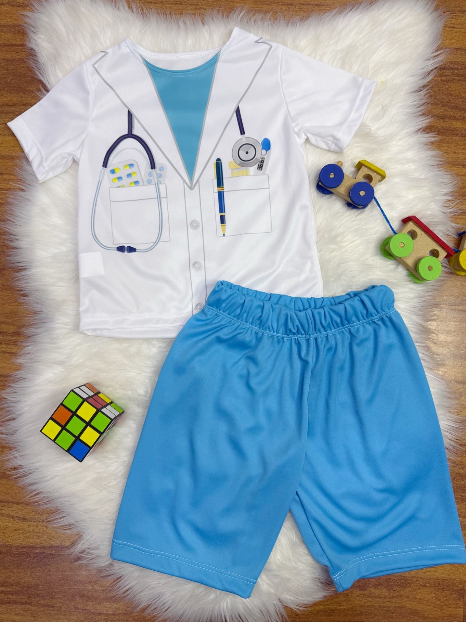Fantasia Infantil Médico em Poliéster com Estampa Realista em Branco e Azul