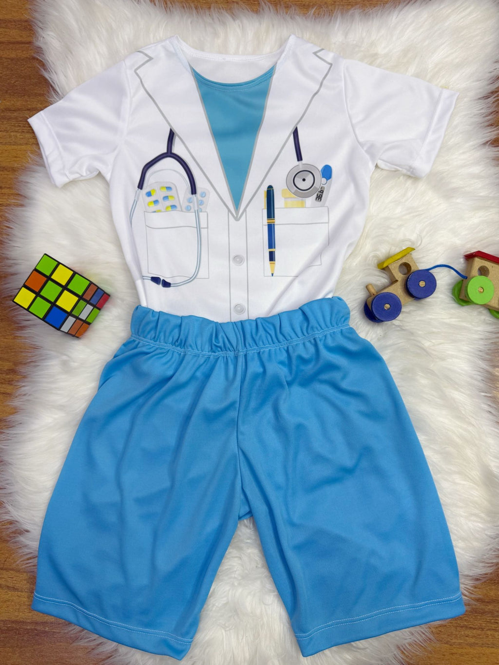 Fantasia Infantil Médico em Poliéster com Estampa Realista em Branco e Azul