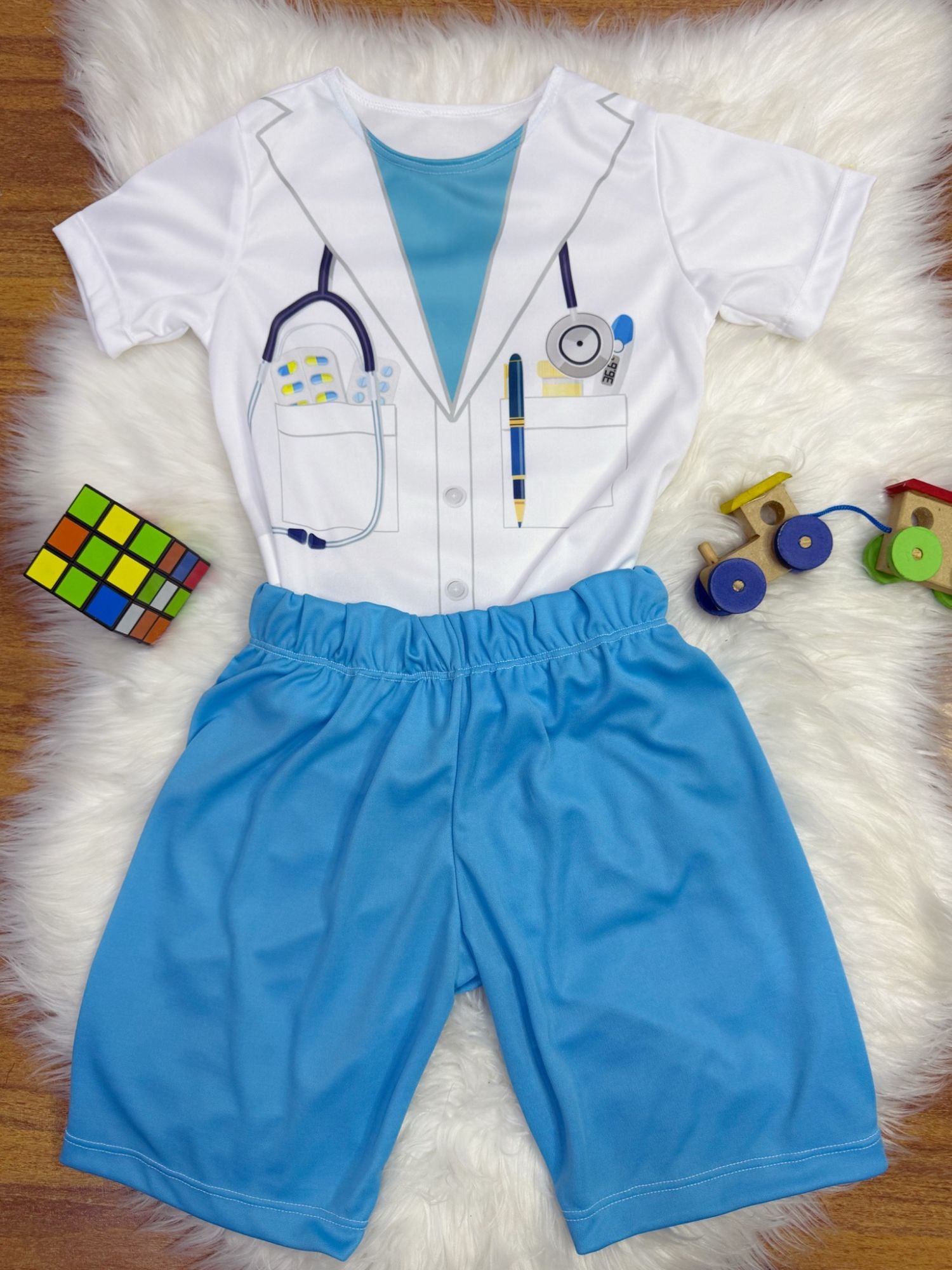 Fantasia Infantil Médico em Poliéster com Estampa Realista em Branco e Azul