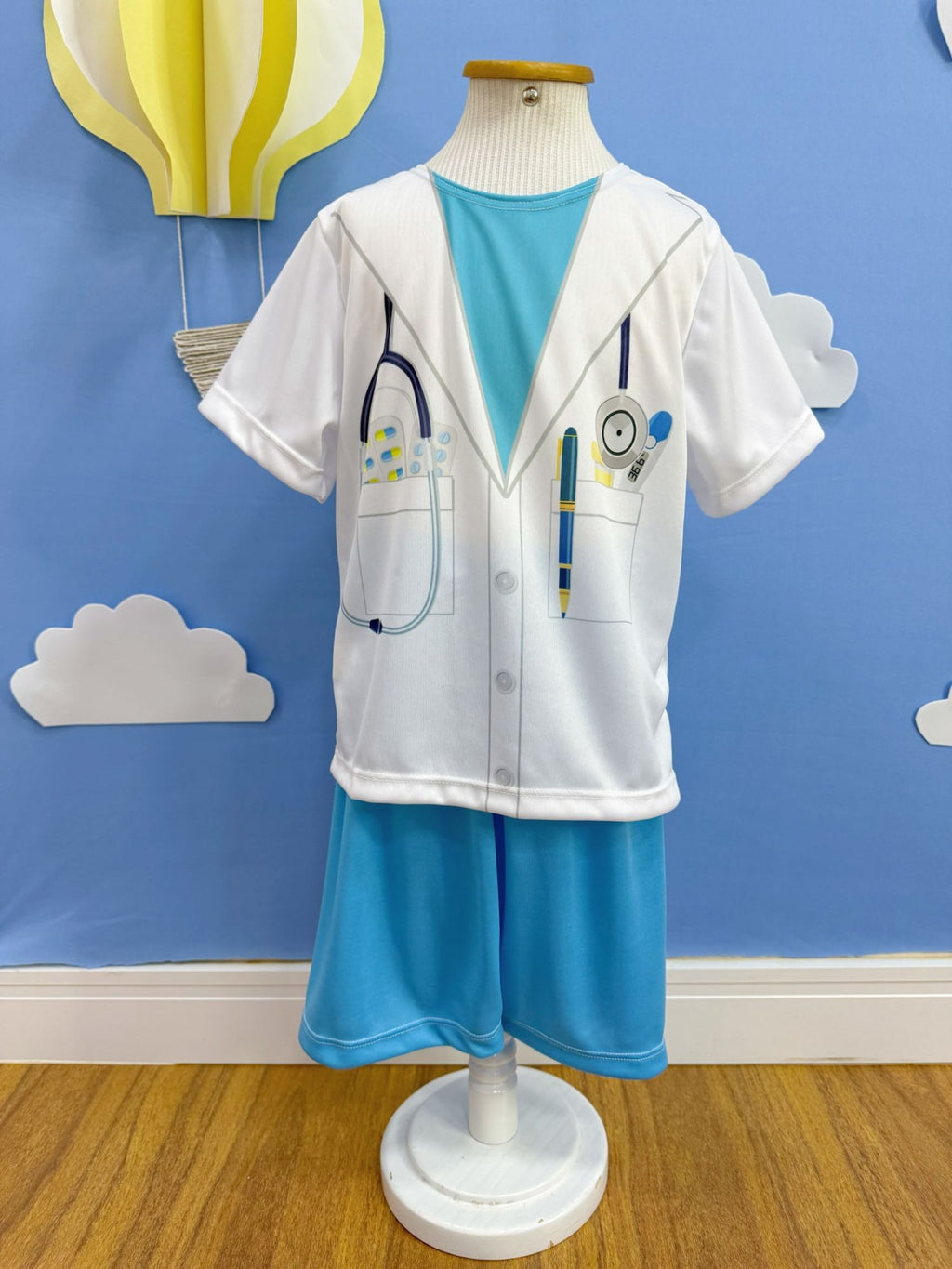 Fantasia Infantil Médico em Poliéster com Estampa Realista em Branco e Azul