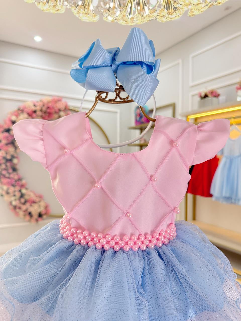 Vestido Luxuoso Infantil Rosa com Busto em Nervura e Saia de Tule