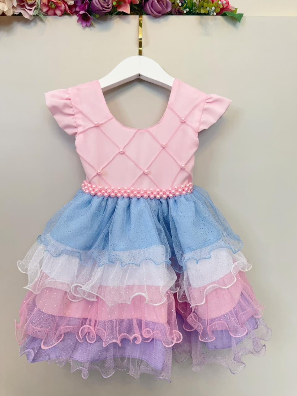 Vestido Luxuoso Infantil Rosa com Busto em Nervura e Saia de Tule