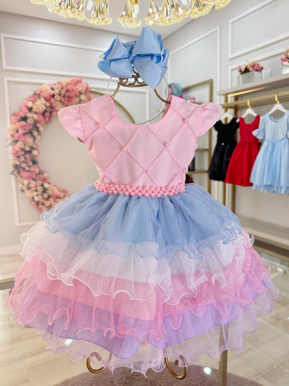 Vestido Luxuoso Infantil Rosa com Busto em Nervura e Saia de Tule
