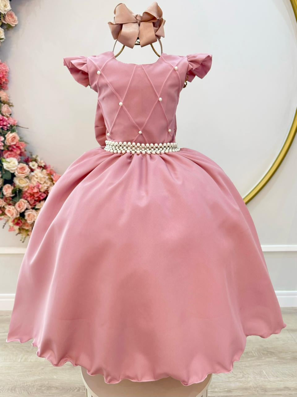 Vestido Longo Infantil Rosa com Busto Nervurado para Festas