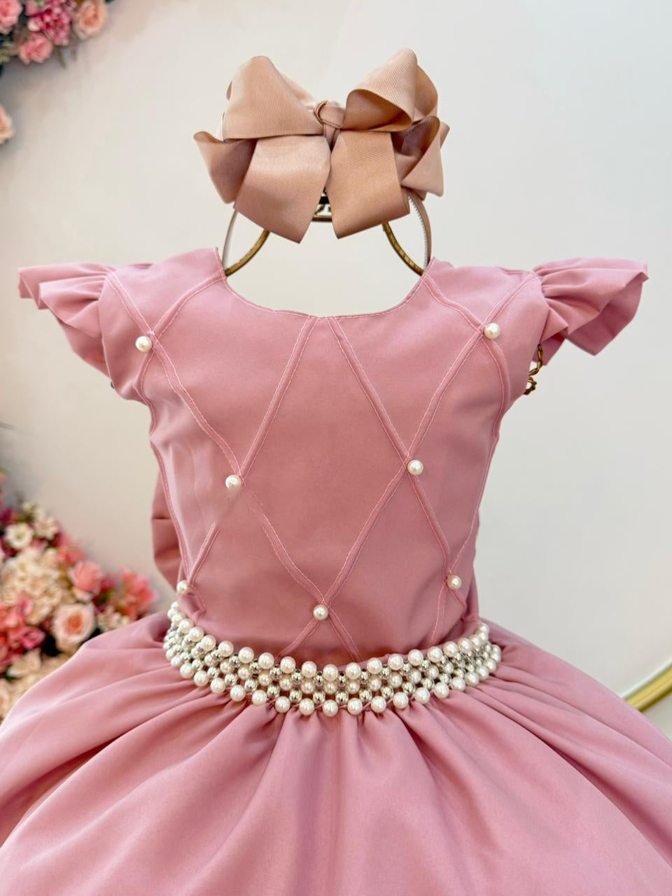 Vestido Longo Infantil Rosa com Busto Nervurado para Festas
