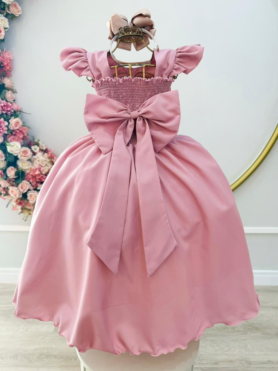 Vestido Longo Infantil Rosa com Busto Nervurado para Festas