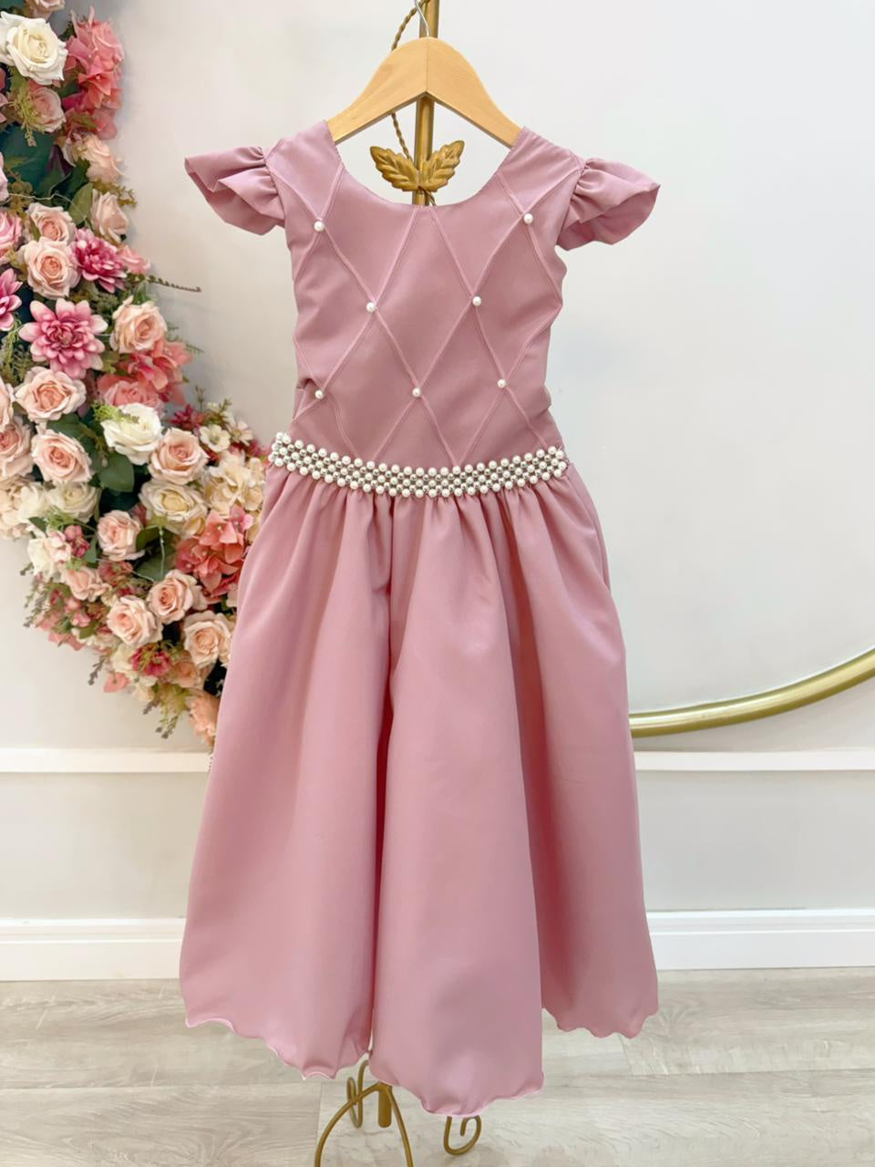 Vestido Longo Infantil Rosa com Busto Nervurado para Festas