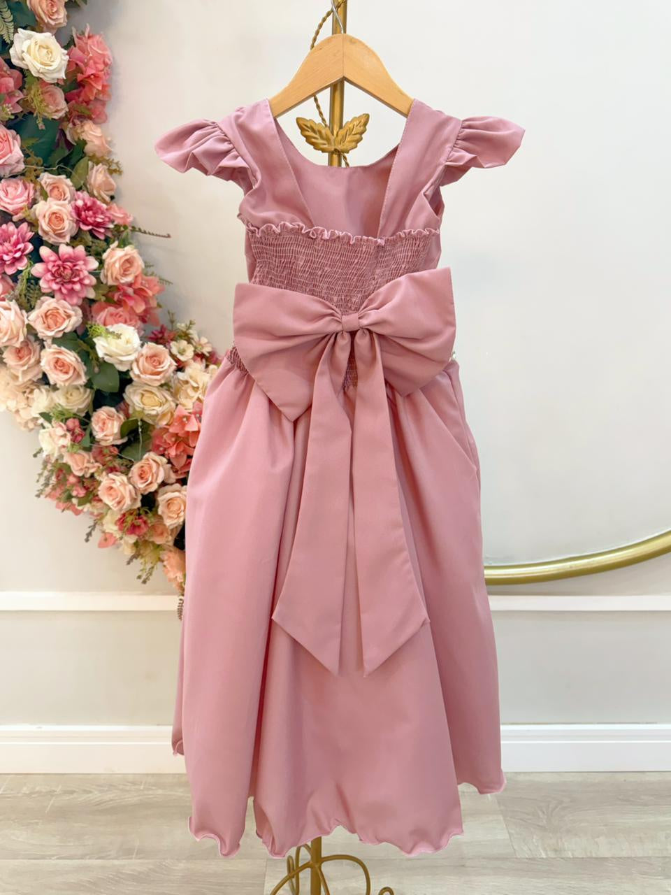 Vestido Longo Infantil Rosa com Busto Nervurado para Festas