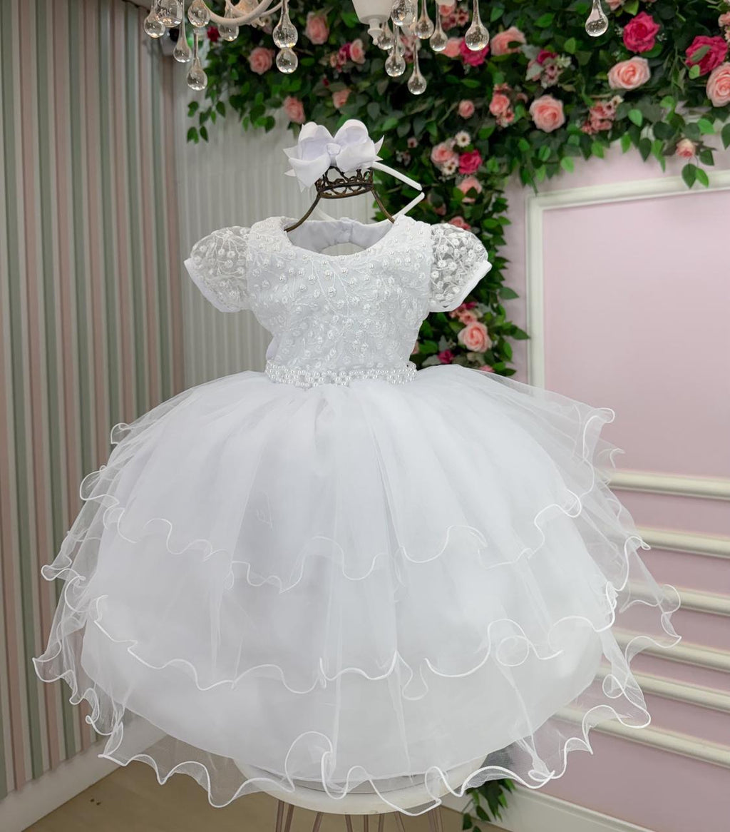 Vestido Infantil Branco com Tecido Misto e Laço nas Costas