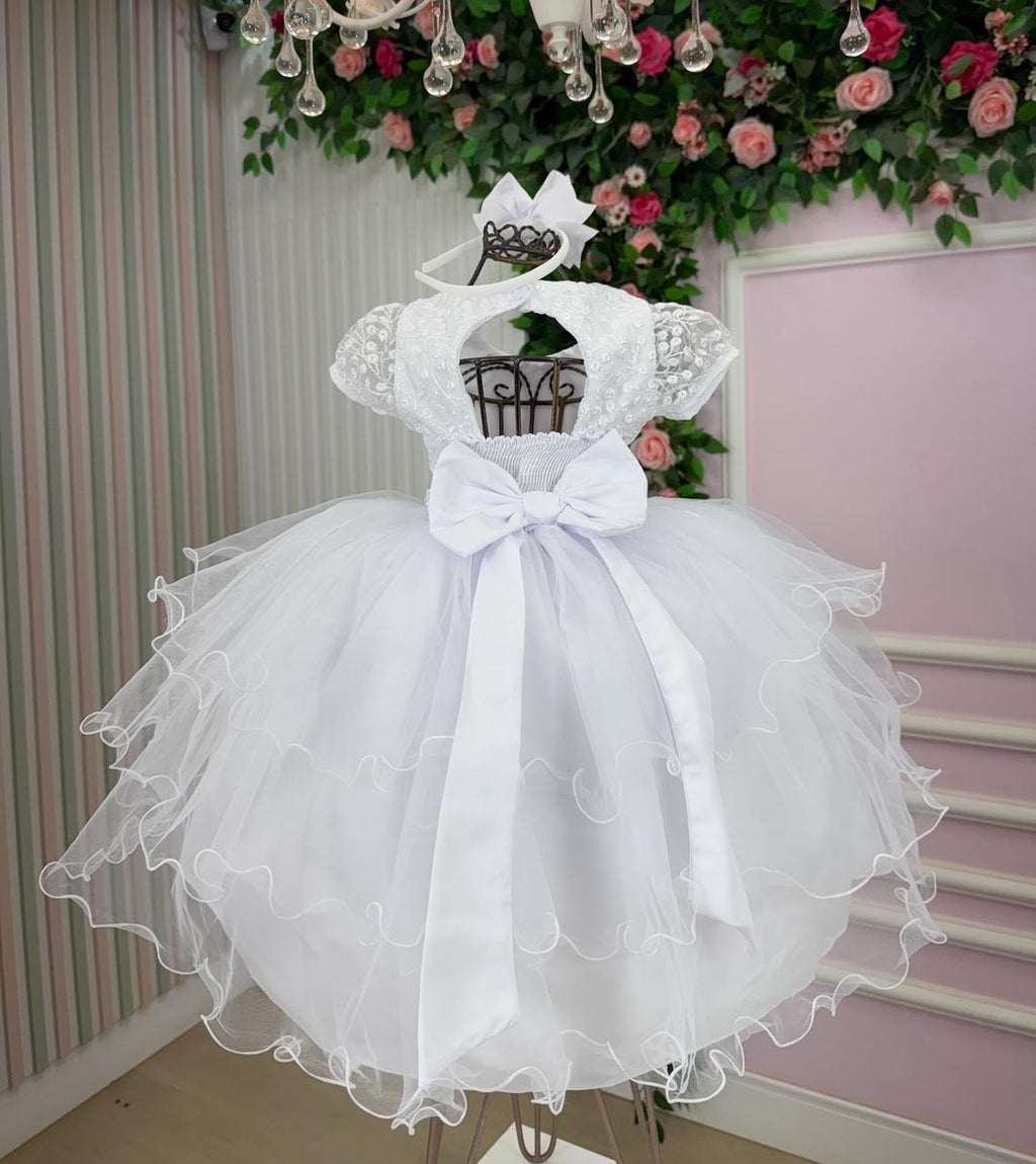 Vestido Infantil Branco com Tecido Misto e Laço nas Costas