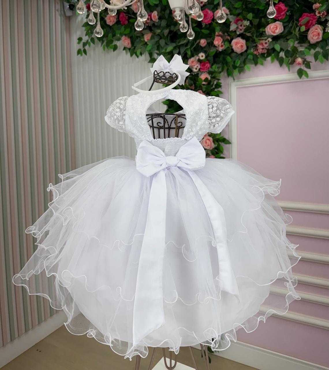 Vestido Infantil Branco com Tecido Misto e Laço nas Costas