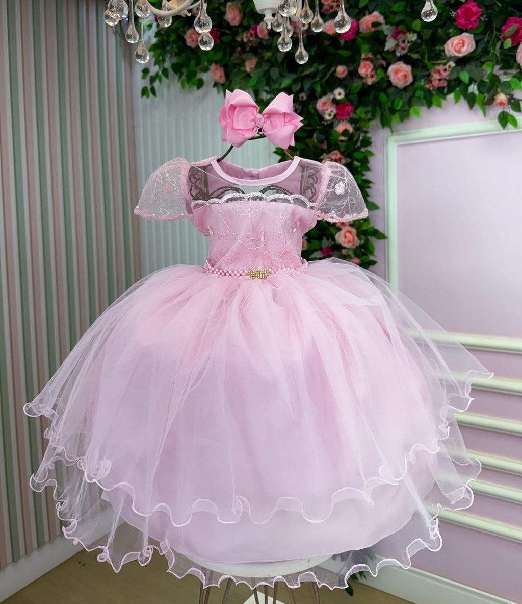 Vestido Infantil Rosa Bebê em Tecido Misto com Laço