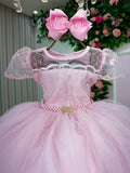 Vestido Infantil Rosa Bebê em Tecido Misto com Laço