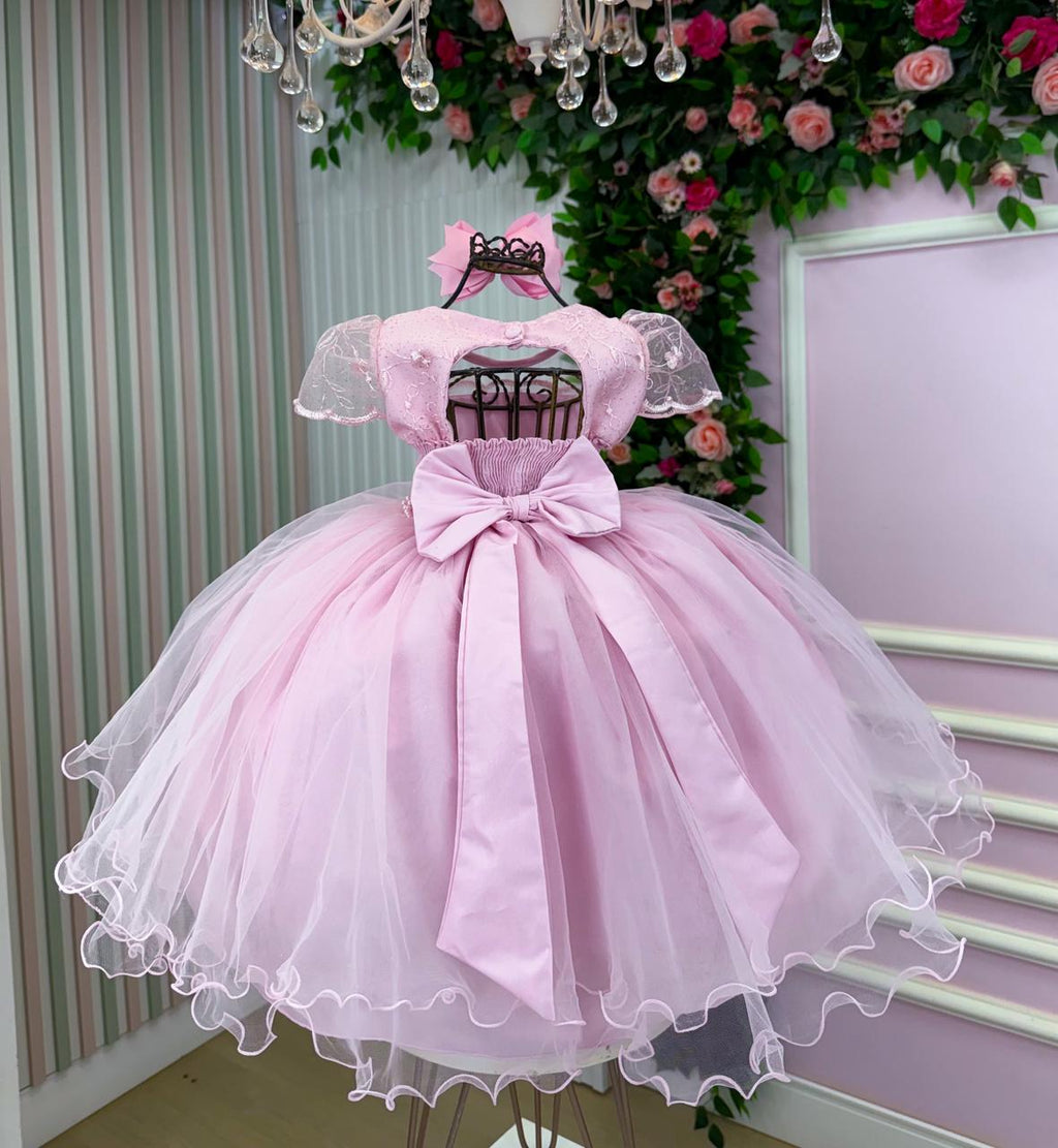 Vestido Infantil Rosa Bebê em Tecido Misto com Laço