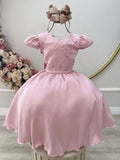 Vestido Infantil Luxo Rose com Nervuras e Flores para Festas