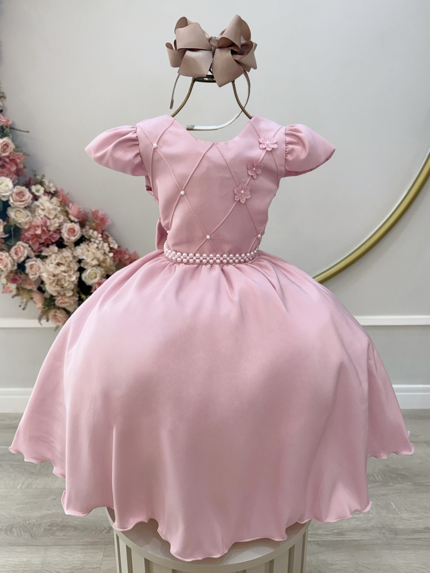 Vestido Infantil Luxo Rose com Nervuras e Flores para Festas